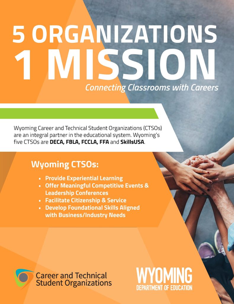 Orange cover of booklet about Wyoming Career and Technical Student Organizations